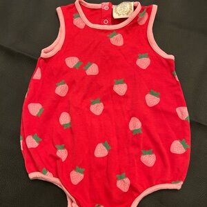 The Beaufort Bonnet Company Red Romper with Pink Strawberry Print